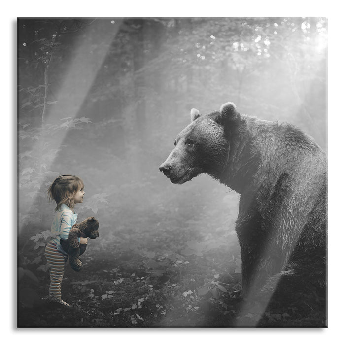 Pixxprint Mädchen mit Teddy und Bär im Wald B&W Detail, Glasbild Quadratisch