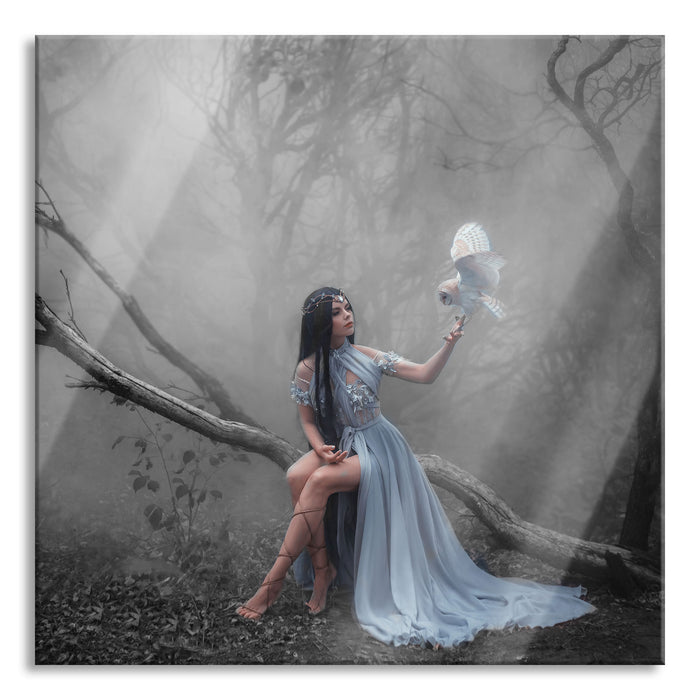 Pixxprint Mystische Schönheit im nebeligen Wald B&W Detail, Glasbild Quadratisch