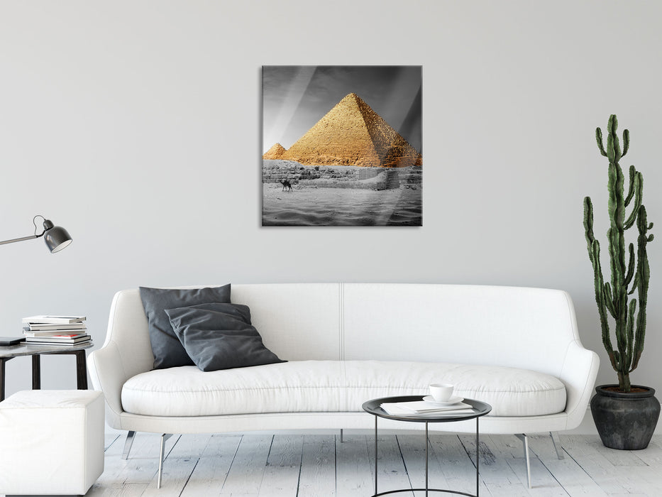Pyramiden in Ägypten bei Sonnenuntergang B&W Detail, Glasbild Quadratisch