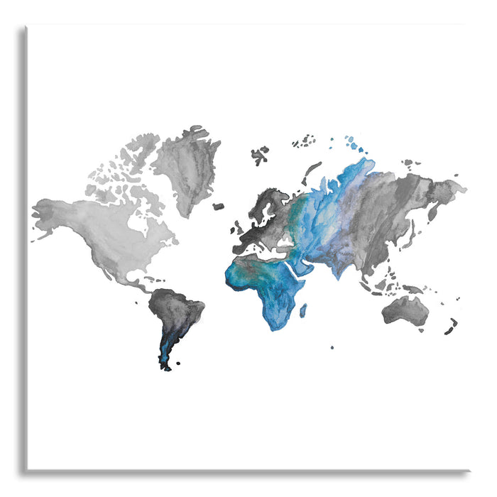 Pixxprint Bunte Weltkarte in Aquarell-Farben B&W Detail, Glasbild Quadratisch