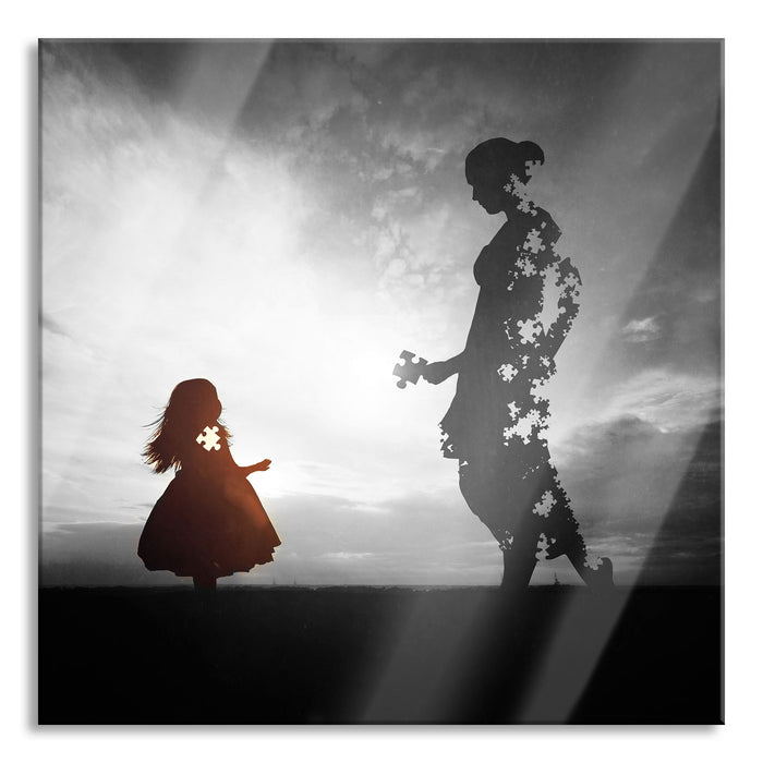 Pixxprint Silhouette Puzzle Mutter und Kind B&W Detail, Glasbild Quadratisch