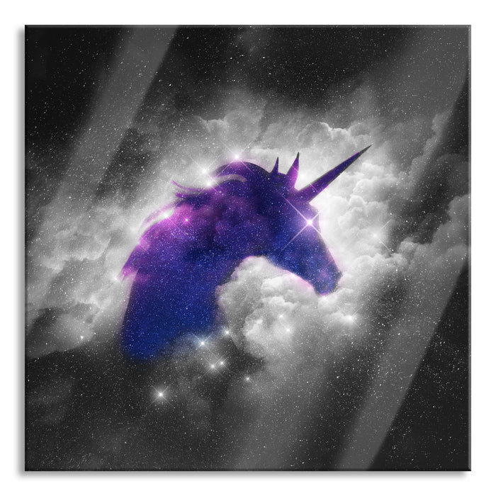 Pixxprint Einhorn Silhouette Galaxie B&W Detail, Glasbild Quadratisch