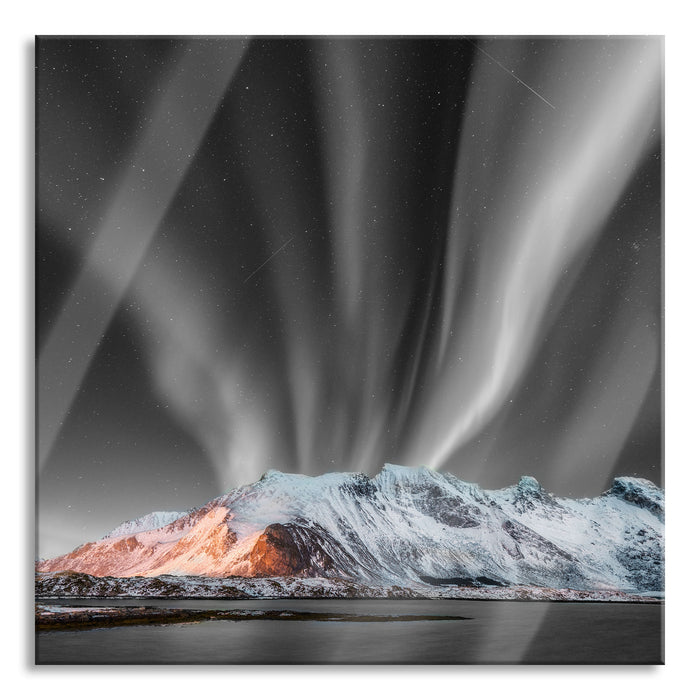 Nordlichter über Gletscher in Norwegen B&W Detail, Glasbild Quadratisch