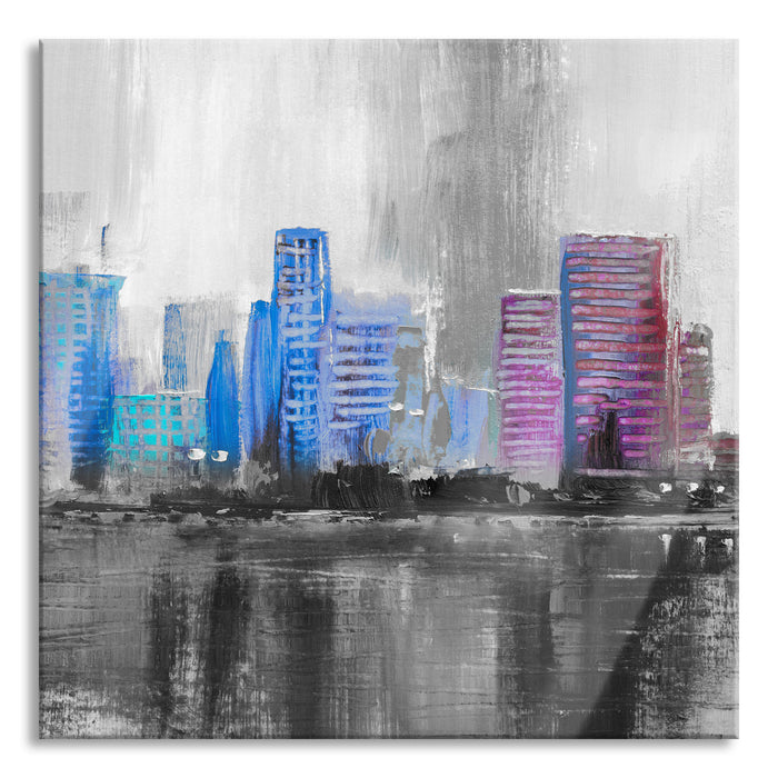 Pixxprint Abstraktes Ölgemälde einer Skyline B&W Detail, Glasbild Quadratisch