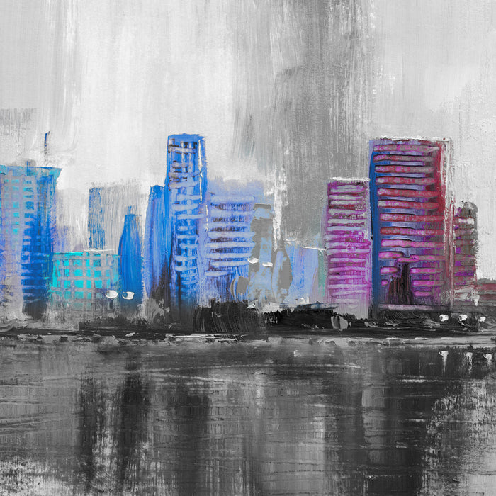 Abstraktes Ölgemälde einer Skyline B&W Detail, Glasbild Quadratisch