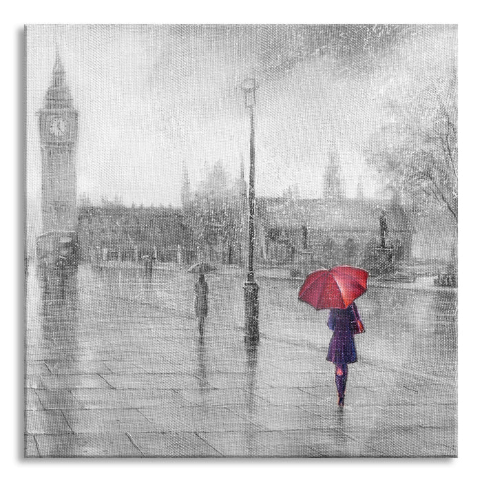 Regentag in London mit Big Ben B&W Detail, Glasbild Quadratisch