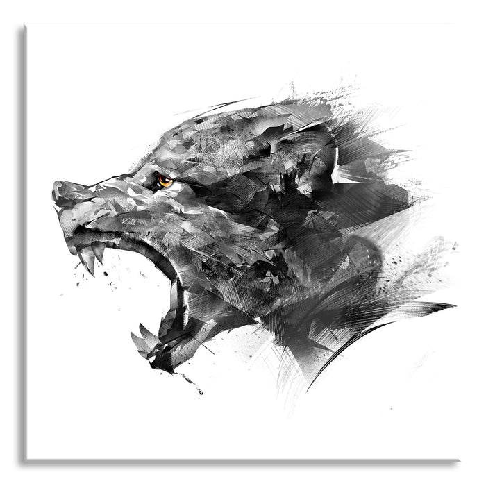 Pixxprint Abstrakter Wolfskopf im Profil B&W Detail, Glasbild Quadratisch