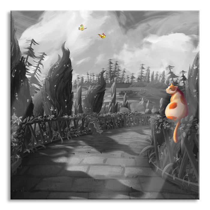 Pixxprint Katze auf Geländer im Wald B&W Detail, Glasbild Quadratisch