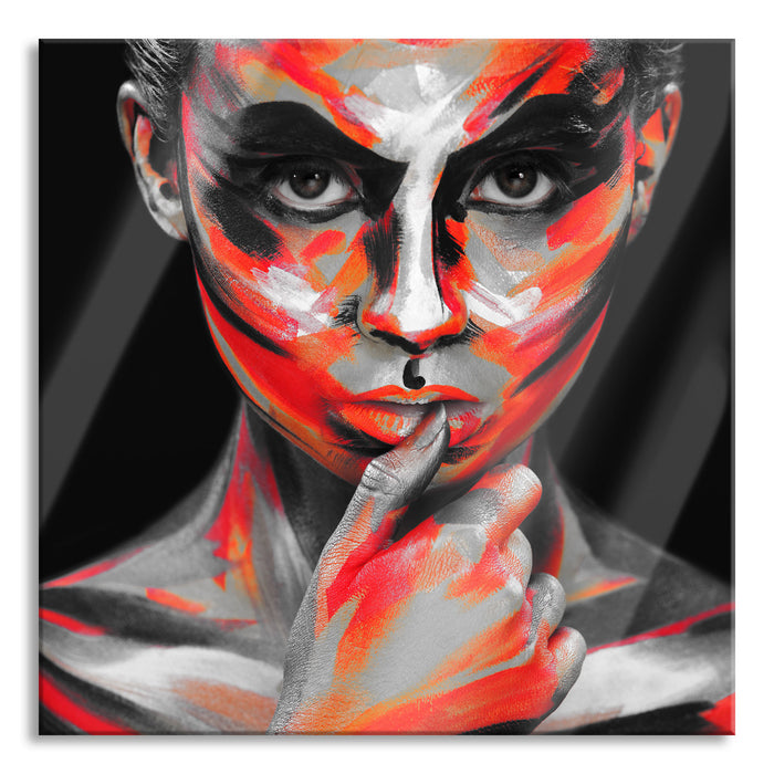 Pixxprint Nahaufnahme Frau mit Bodyart B&W Detail, Glasbild Quadratisch