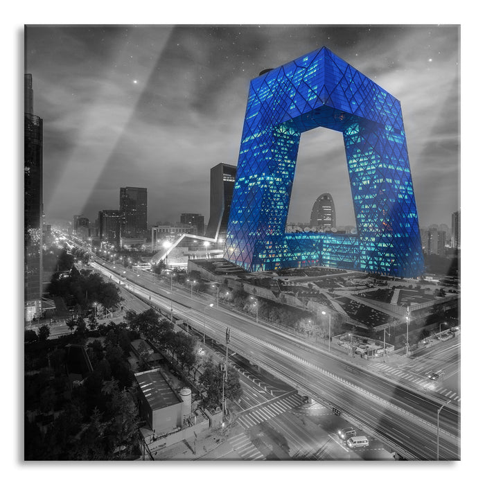 Straßenlichter bei Nacht in Peking B&W Detail, Glasbild Quadratisch