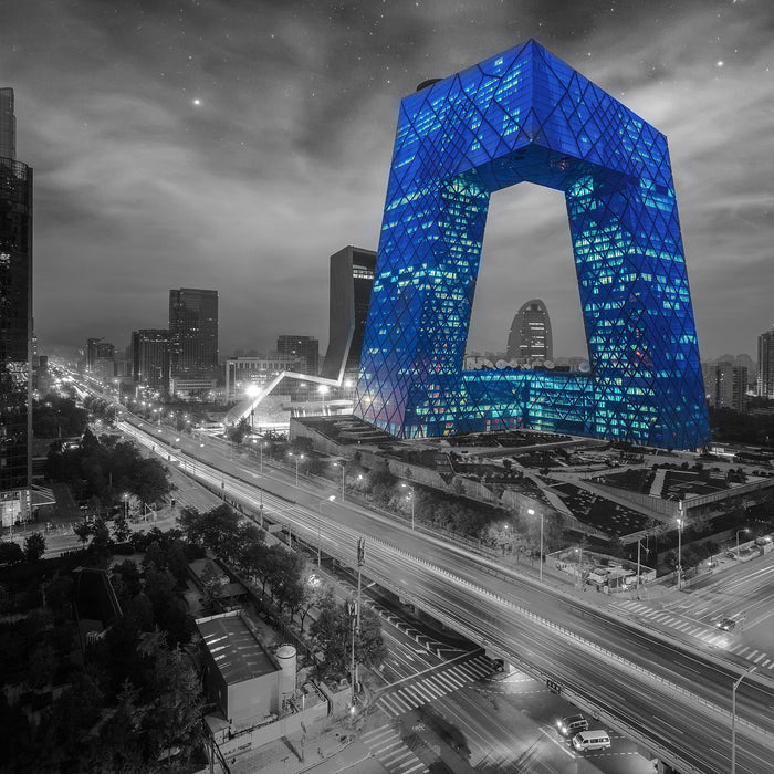 Straßenlichter bei Nacht in Peking B&W Detail, Glasbild Quadratisch