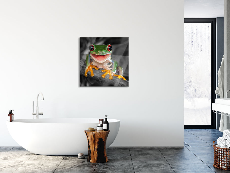 Lachender Frosch mit roten Augen auf Ast B&W Detail, Glasbild Quadratisch