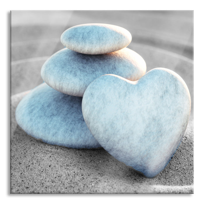 Pixxprint Steinturm mit Herz in Sandwellen B&W Detail, Glasbild Quadratisch