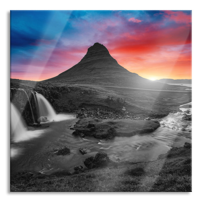 Pixxprint Kirkjufell Vulkan im Sonnenuntergang B&W Detail, Glasbild Quadratisch