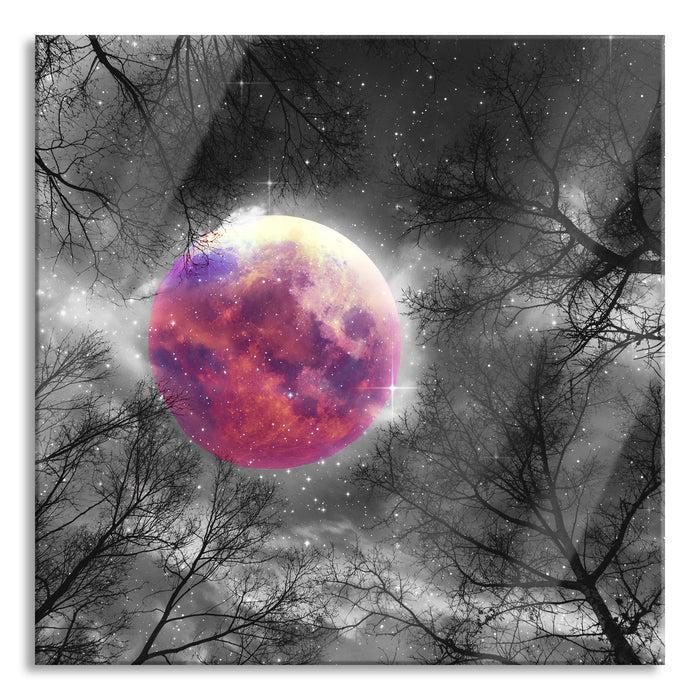 Pixxprint Farbenvolle Sternennacht bei Vollmond B&W Detail, Glasbild Quadratisch