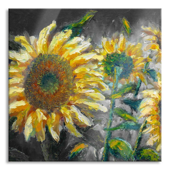 Sonnenblumen vor blauem Hintergrund B&W Detail, Glasbild Quadratisch