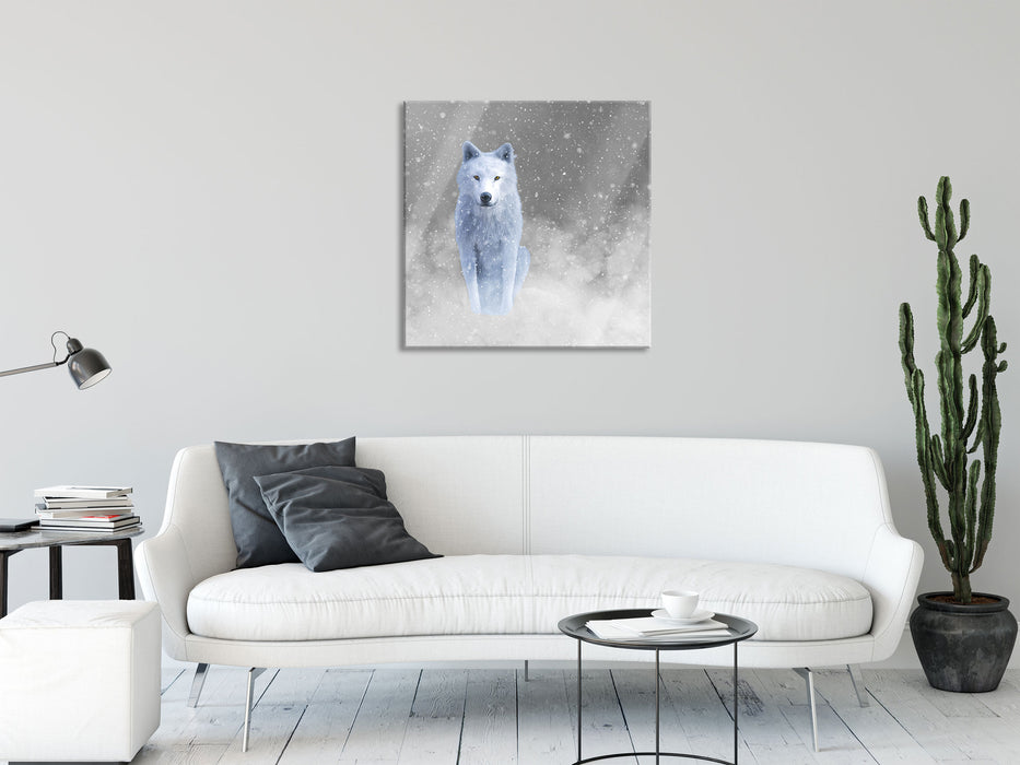 Majestätischer weißer Wolf im Schnee B&W Detail, Glasbild Quadratisch