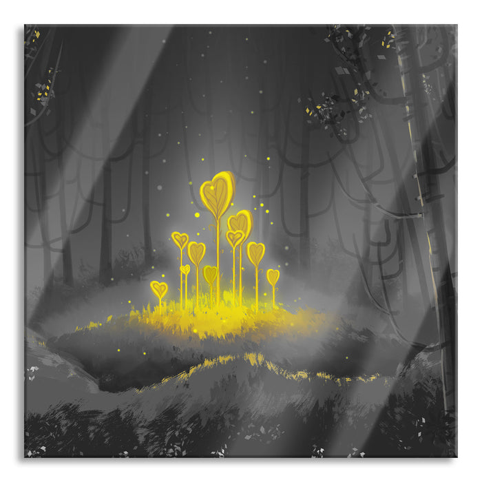 Pixxprint Leuchtende Zauberblumen im Wald B&W Detail, Glasbild Quadratisch