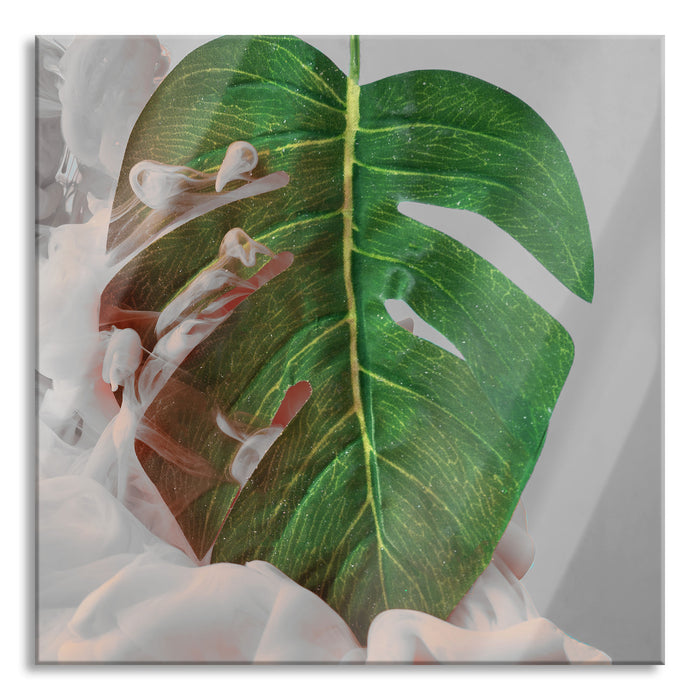 Pixxprint Monstera Blatt mit Pastelwolke B&W Detail, Glasbild Quadratisch