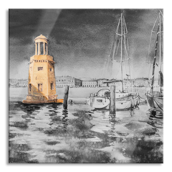 Pixxprint Segelschiffe im Hafen Venedigs B&W Detail, Glasbild Quadratisch