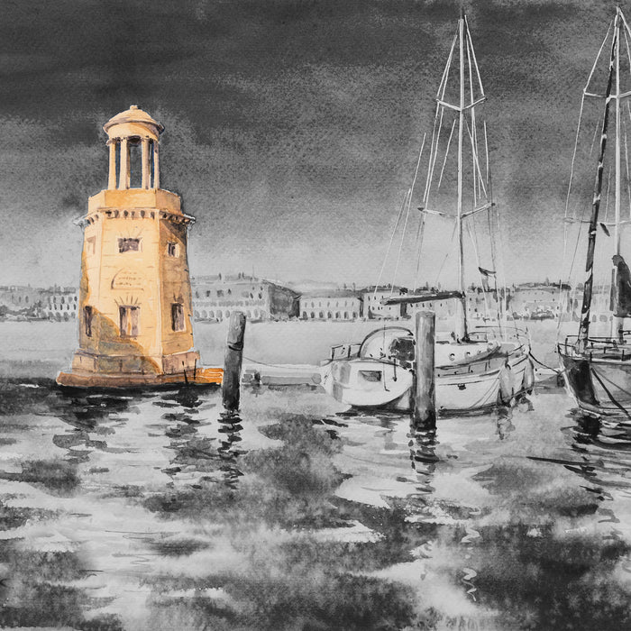 Segelschiffe im Hafen Venedigs B&W Detail, Glasbild Quadratisch