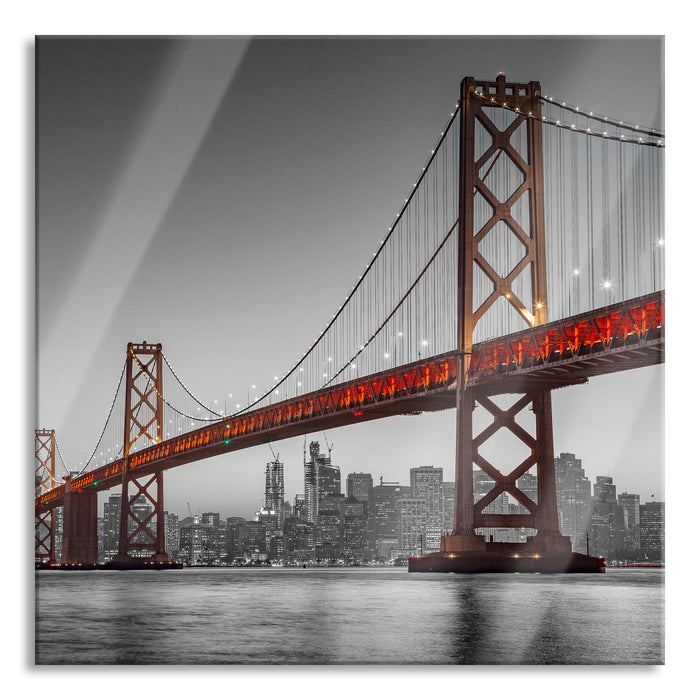 Oakland Bay Brücke bei Sonnenuntergang B&W Detail, Glasbild Quadratisch