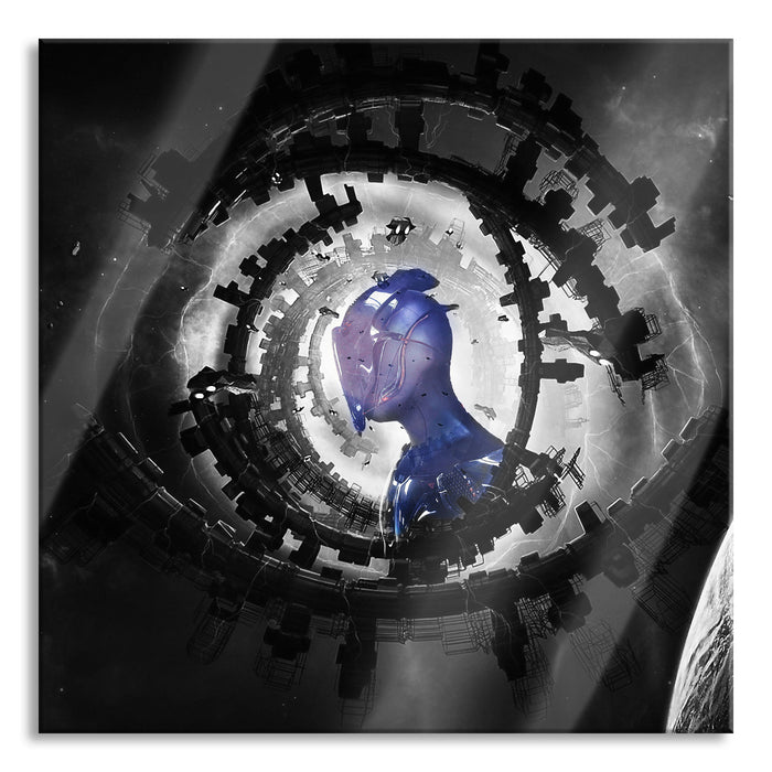Abstraktes Auge mit Alien im Weltraum B&W Detail, Glasbild Quadratisch
