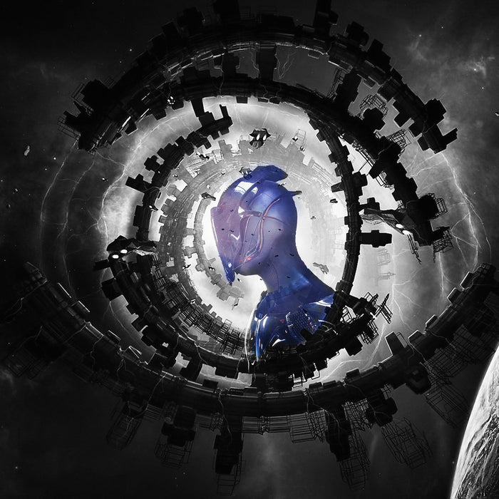 Abstraktes Auge mit Alien im Weltraum B&W Detail, Glasbild Quadratisch