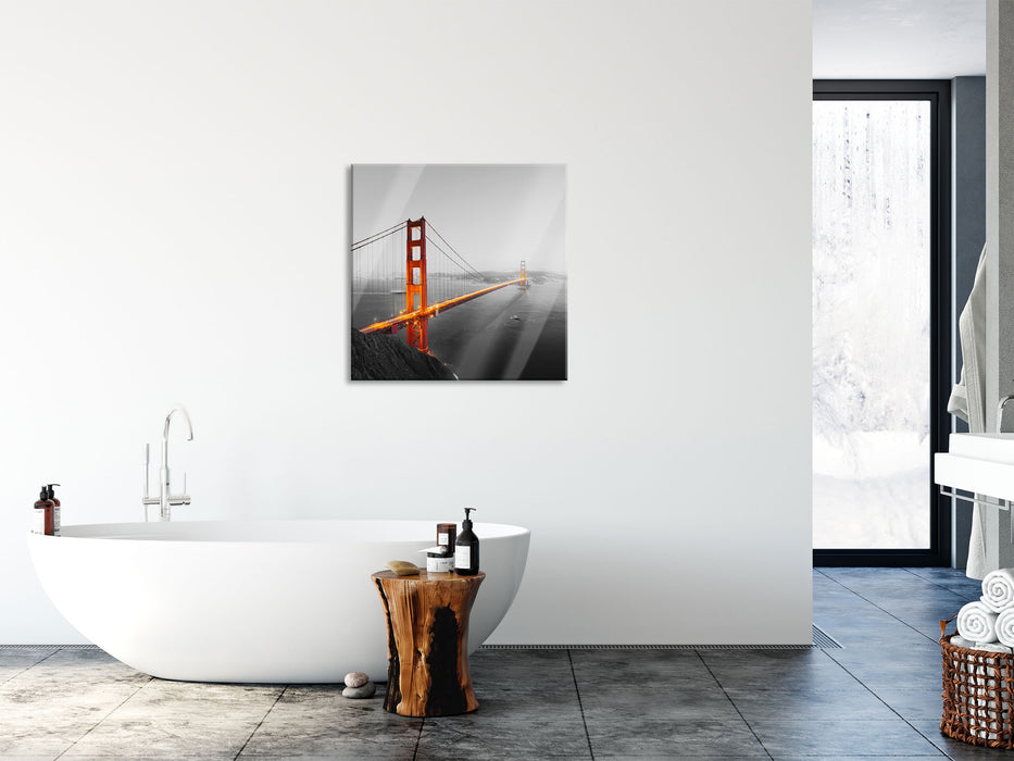 Golden Gate Bridge in der Abenddämmerung B&W Detail, Glasbild Quadratisch