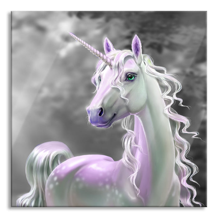 Pixxprint Magisches Einhorn im Zauberwald B&W Detail, Glasbild Quadratisch