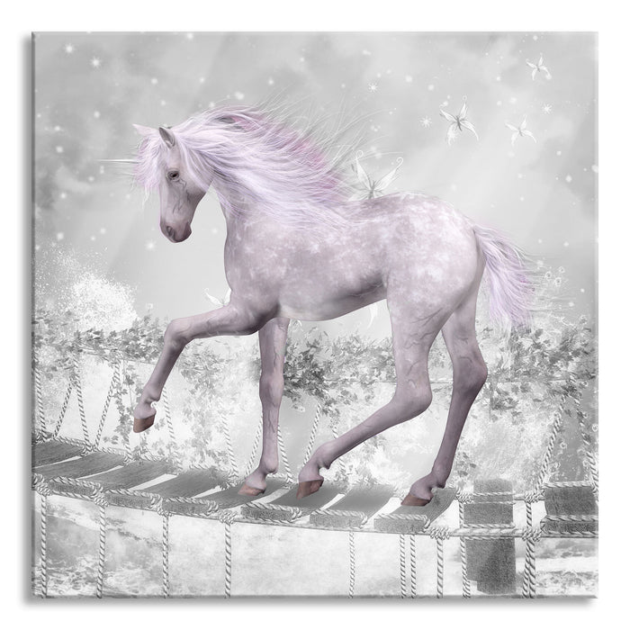 Pixxprint Einhorn läuft über Hängebrücke B&W Detail, Glasbild Quadratisch