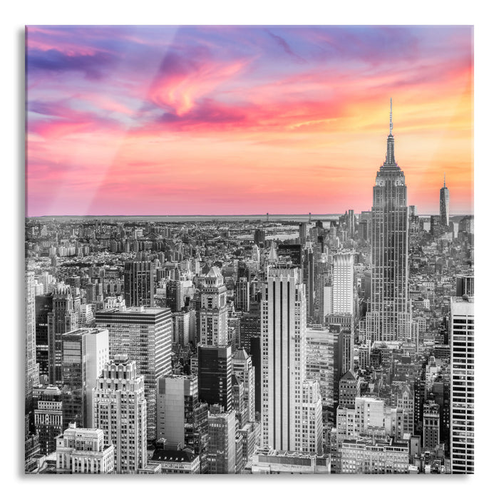 Pixxprint New York City bei Sonnenuntergang B&W Detail, Glasbild Quadratisch