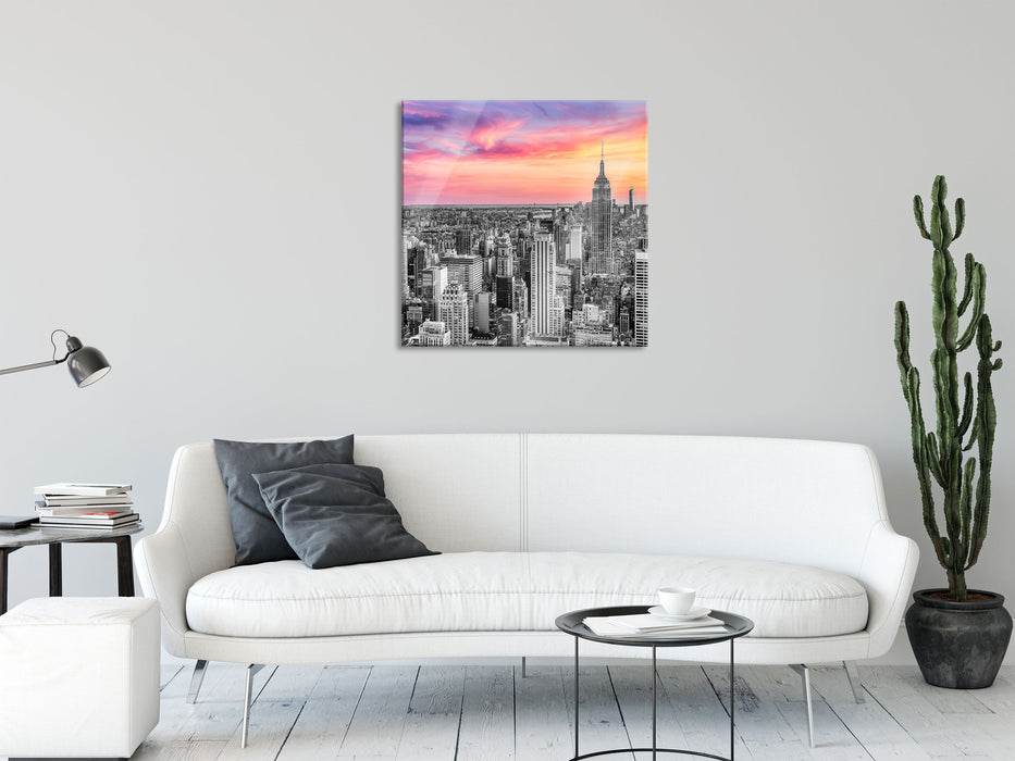New York City bei Sonnenuntergang B&W Detail, Glasbild Quadratisch