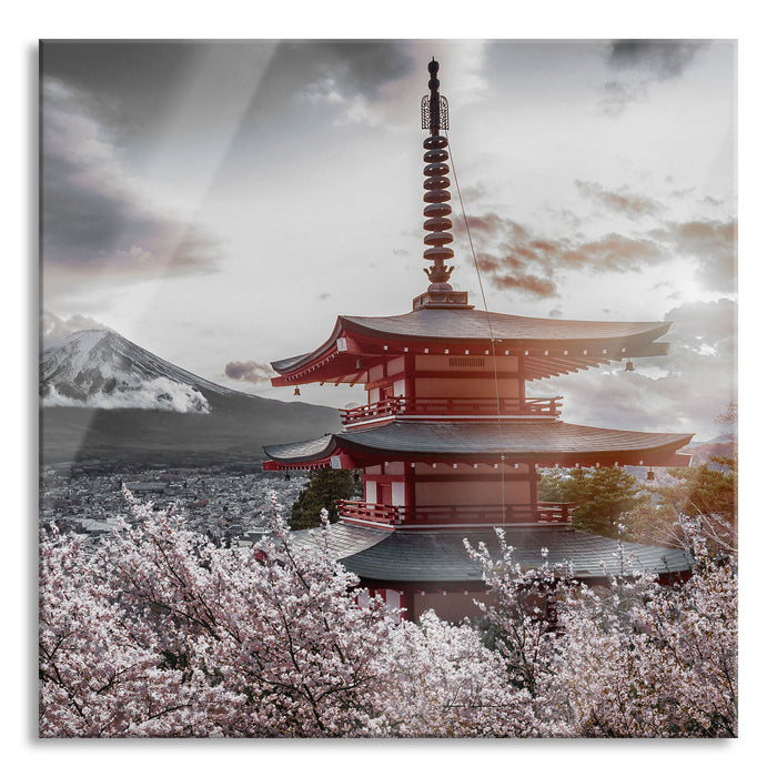Japanischer Tempel zwischen Kirschblüten B&W Detail, Glasbild Quadratisch