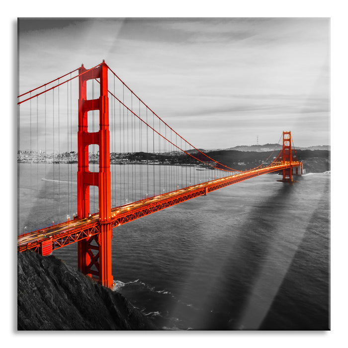 Golden Gate Bridge bei Sonnenuntergang B&W Detail, Glasbild Quadratisch