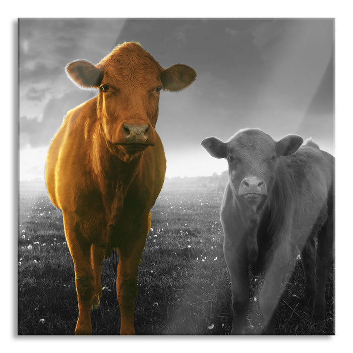 Pixxprint Kuh und Kalb im Sonnenuntergang auf Wiese B&W Detail, Glasbild Quadratisch