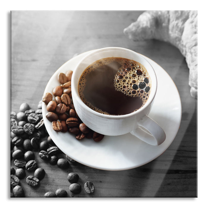 Pixxprint Tasse Kaffee mit Bohnen und Croissant B&W Detail, Glasbild Quadratisch
