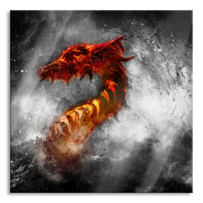 Pixxprint Abstrakter roter Feuerdrachen B&W Detail, Glasbild Quadratisch