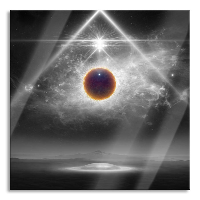 Pixxprint Science Fiction Collage Planeten im Weltraum B&W Detail, Glasbild Quadratisch