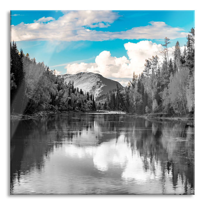 Pixxprint Bergsee mit Herbstwald B&W Detail, Glasbild Quadratisch