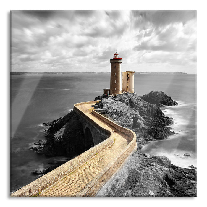 Pixxprint Steinbrücke zum Leuchtturm Phare du Petit Minou B&W Detail, Glasbild Quadratisch