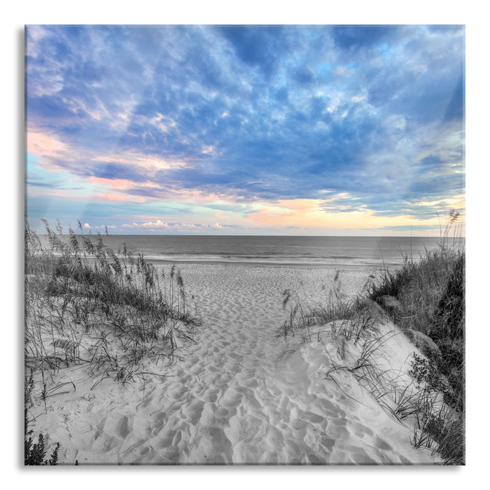Pixxprint Düneneingang mit Meerblick B&W Detail, Glasbild Quadratisch