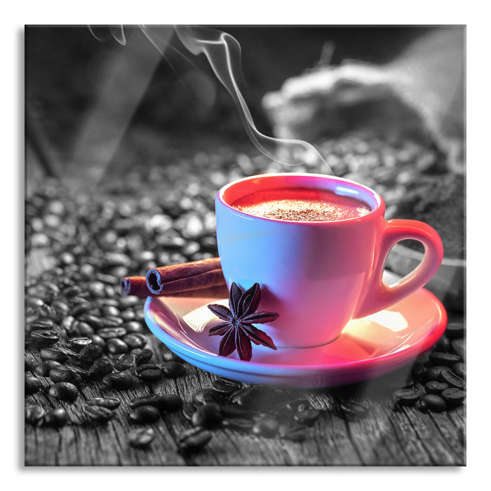 Pixxprint Kaffeetasse mit Bohnen auf Holztisch B&W Detail, Glasbild Quadratisch