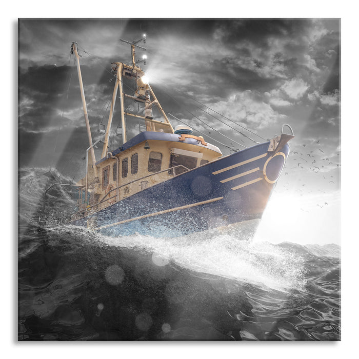 Pixxprint Fischerboot im Sturm auf hoher See B&W Detail, Glasbild Quadratisch