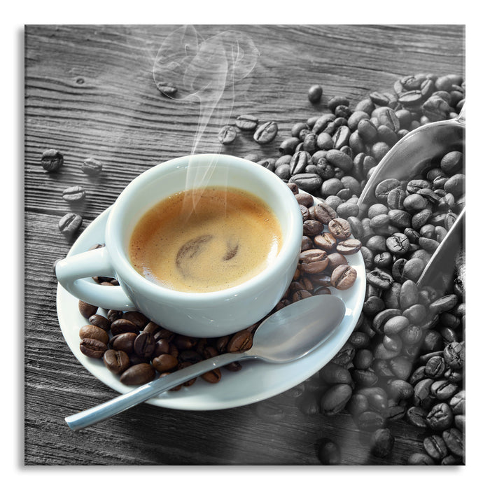 Espressotasse mit Kaffeebohnen B&W Detail, Glasbild Quadratisch