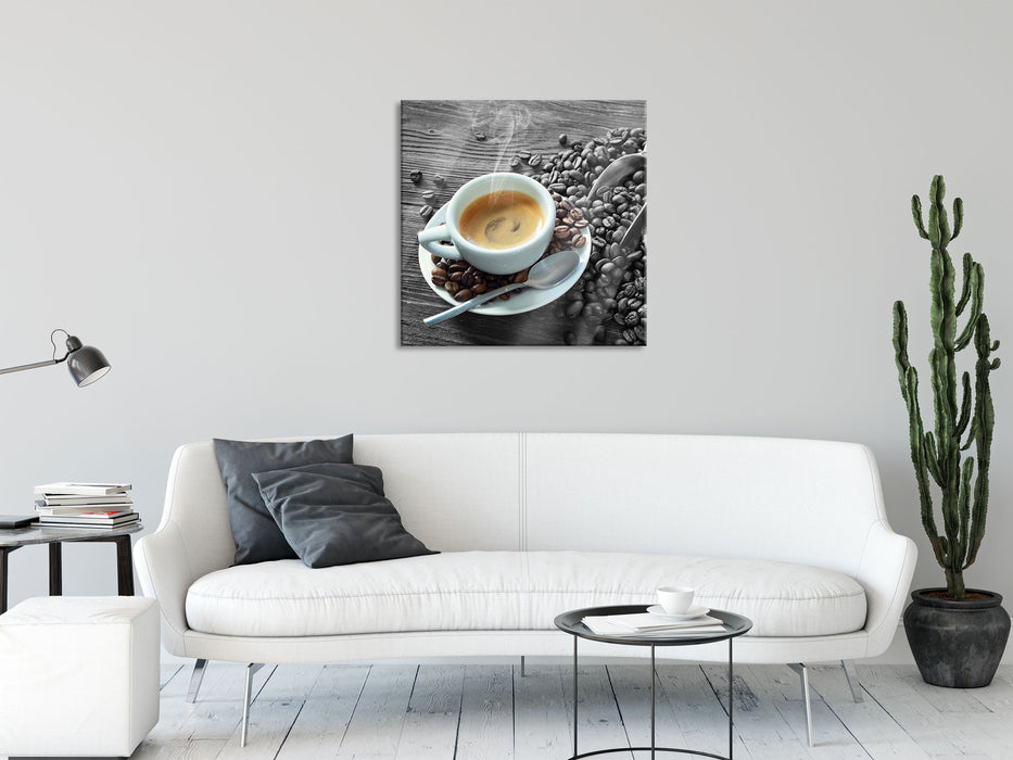 Espressotasse mit Kaffeebohnen B&W Detail, Glasbild Quadratisch