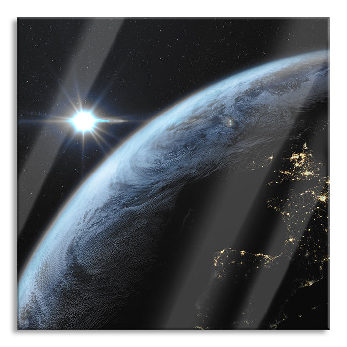 Pixxprint Erdkugel im All mit Lichtern B&W Detail, Glasbild Quadratisch