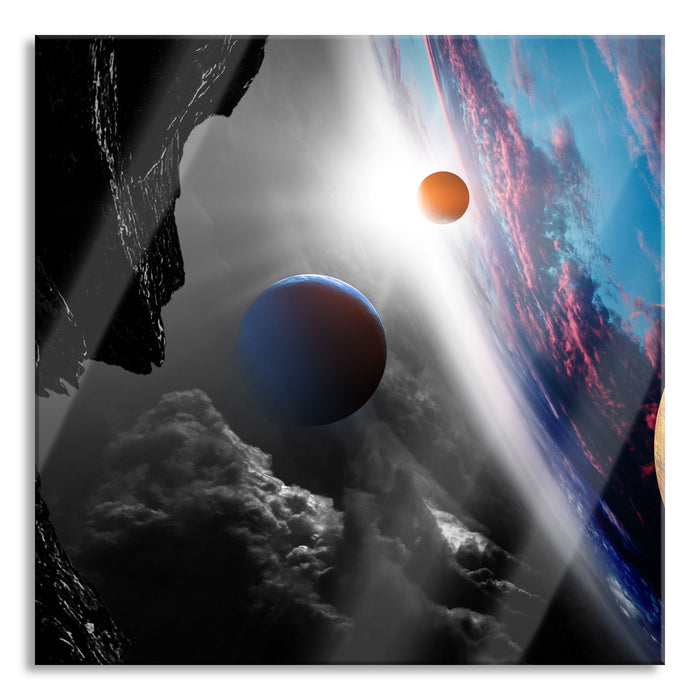 Abstrakte Planeten im Weltraum B&W Detail, Glasbild Quadratisch