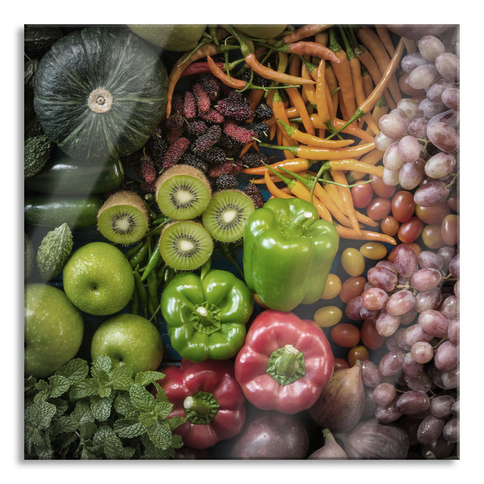 Pixxprint Verschiedene bunte Früchte von oben B&W Detail, Glasbild Quadratisch