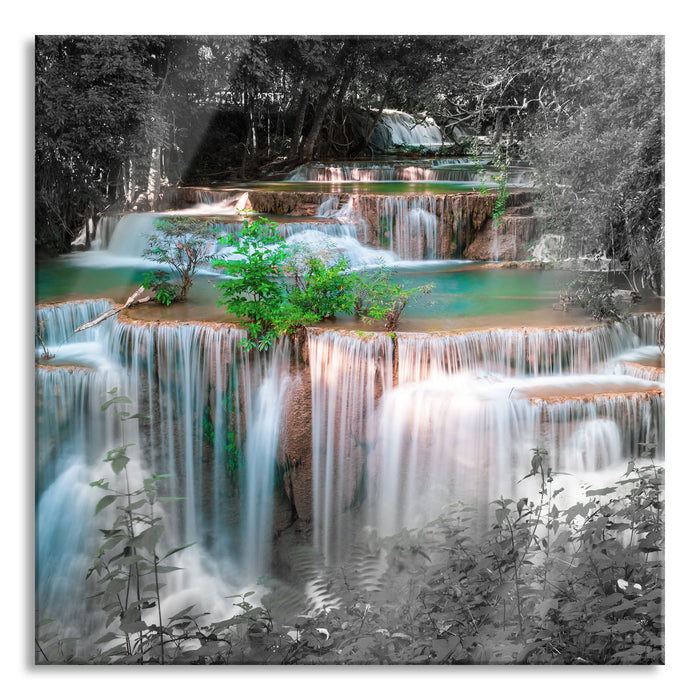 Türkise Wasserfälle in Thailand B&W Detail, Glasbild Quadratisch
